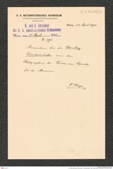 k.k. naturhistorisches Hofmuseum, Intendanzakten 1885-1896 (Hauer), Aktenzahl Z.291/1890, Seite 1